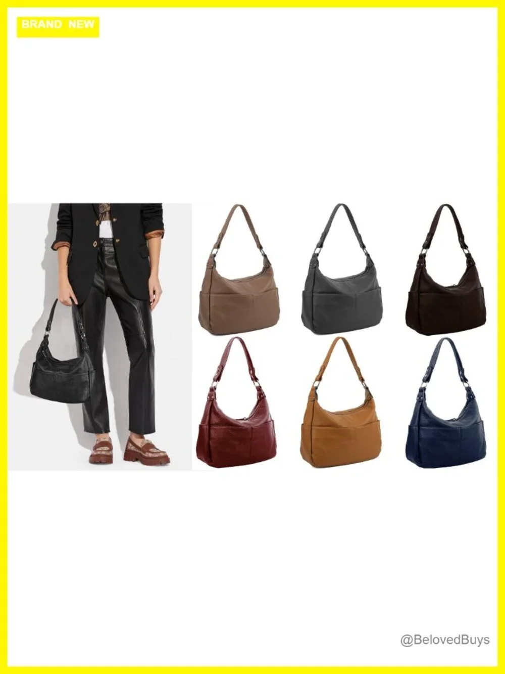Genuine Cowhide Leather Hobo Shoulder Bag with Zip Pockets